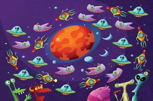 Children's illustration of UFO's by Peter Grosshauser.