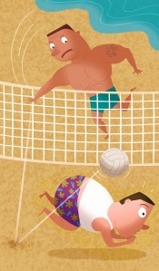 Cartoon illustration of volleyball game by George Schill.