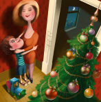 Mother & Son Christmas illustration by Eugene Vinitski.